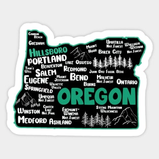 Cute map of Hillsboro Oregon, Portland, Salem, Eugene, Springfield, Bend, Ontario, Medford Sticker